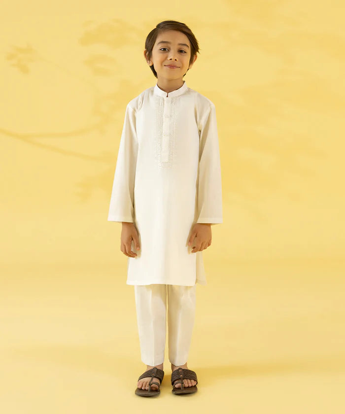 SHAHNAMEH | WHITE CAMBRIC KURTA SHALWAR | LITTLE BOYS | KIDS |5-6Y