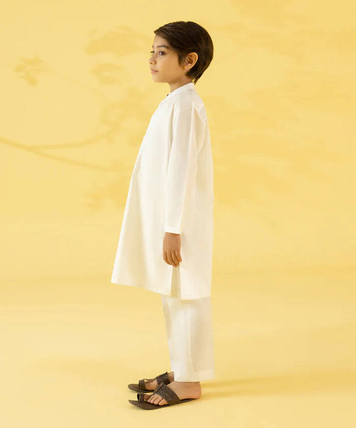 SHAHNAMEH | WHITE CAMBRIC KURTA SHALWAR | LITTLE BOYS | KIDS |5-6Y