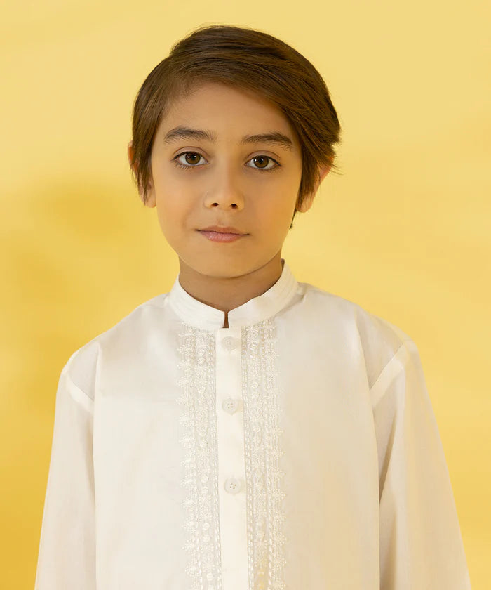 SHAHNAMEH | WHITE CAMBRIC KURTA SHALWAR | LITTLE BOYS | KIDS |5-6Y