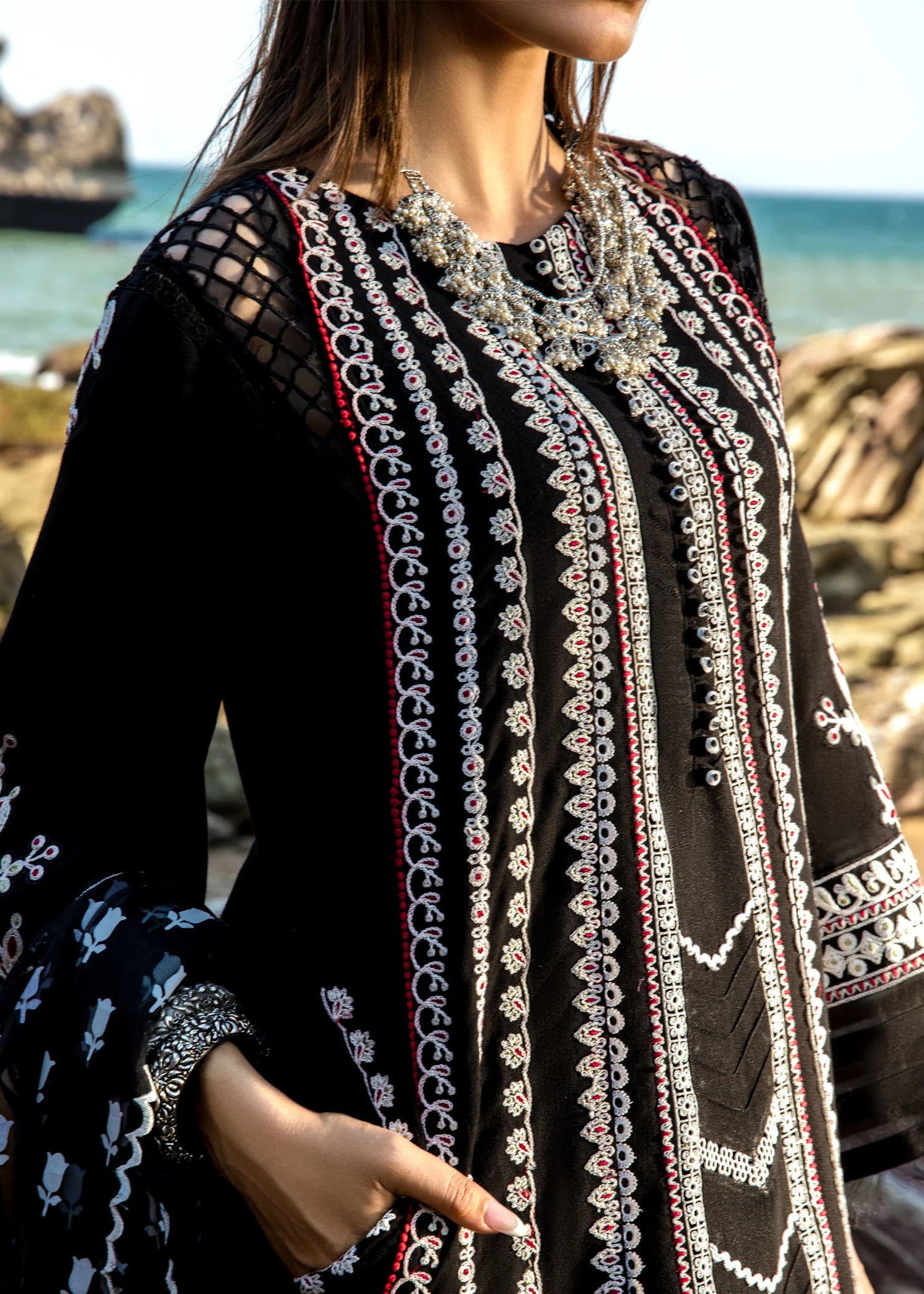 CRIMSON | EMBRIODERED LAWN KURTA + EMBELLISHED PANTS + FOIL PRINTED DUPATTA