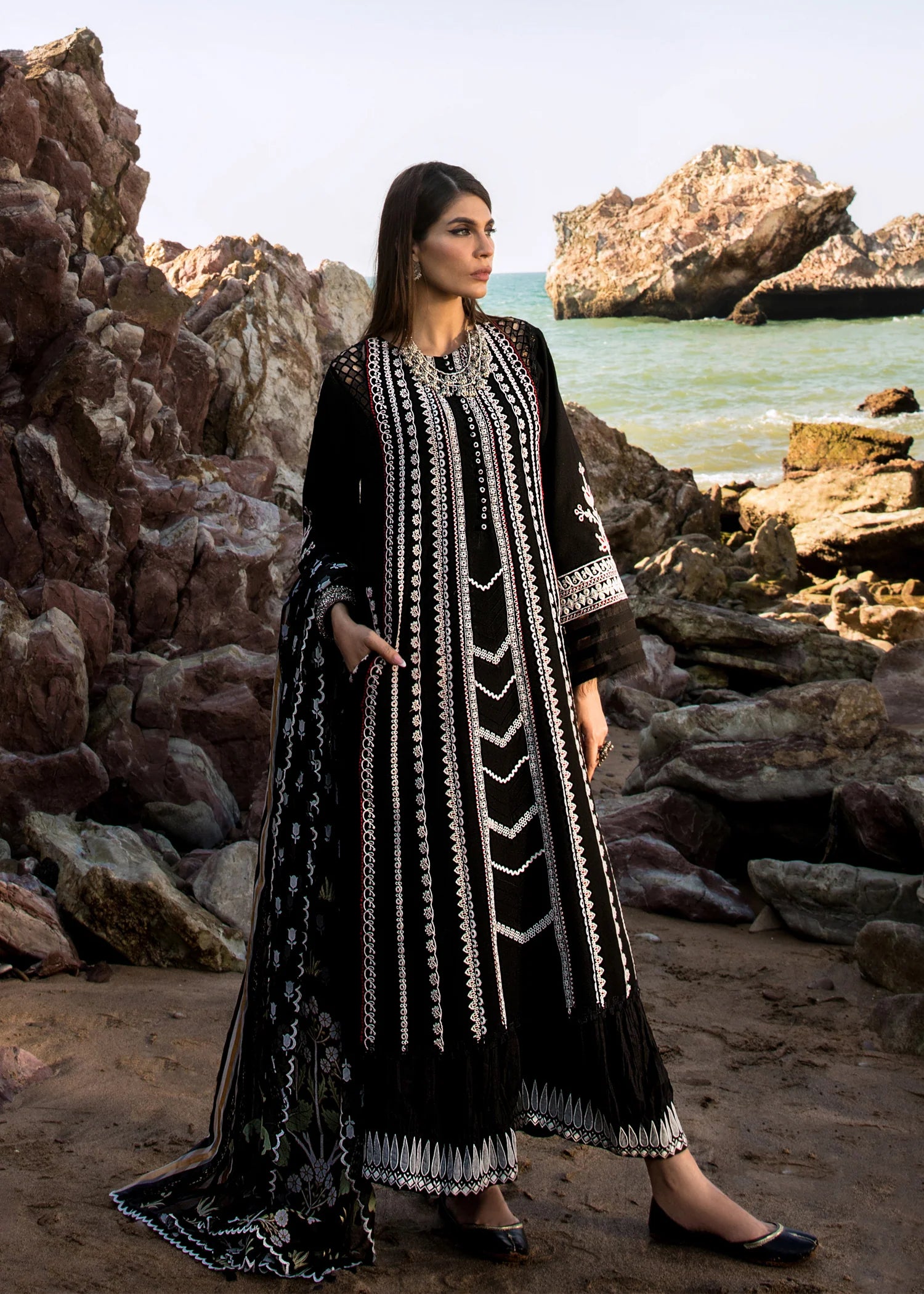 CRIMSON | EMBRIODERED LAWN KURTA + EMBELLISHED PANTS + FOIL PRINTED DUPATTA