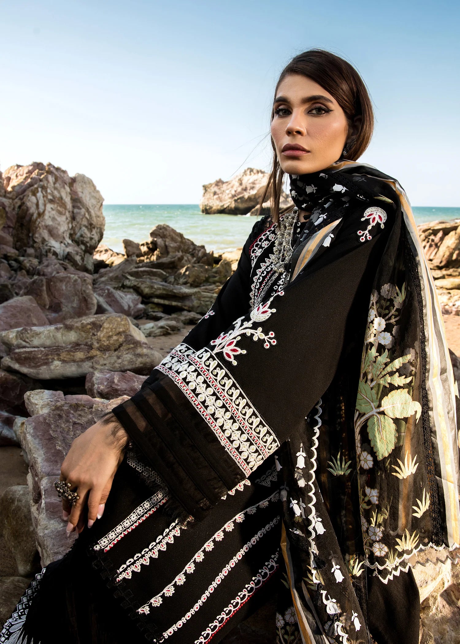 CRIMSON | EMBRIODERED LAWN KURTA + EMBELLISHED PANTS + FOIL PRINTED DUPATTA