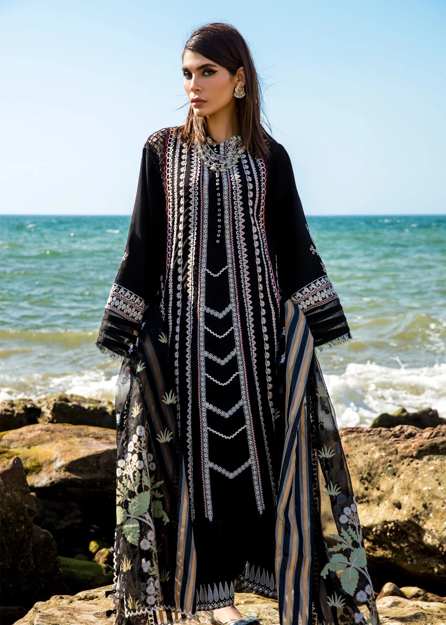 CRIMSON | EMBRIODERED LAWN KURTA + EMBELLISHED PANTS + FOIL PRINTED DUPATTA