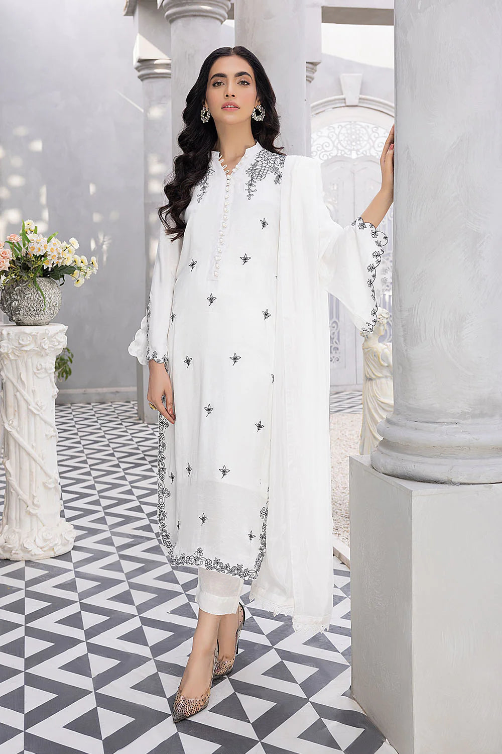 AZURE | WHITE SILK SHIRT WITH EMBRIODERY + PANTS + SILK DUPATTA
