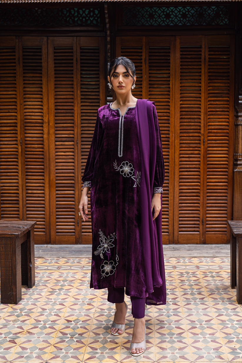 PEHRWAAS | INDIGO | SHIRT + PANTS + DUPATTA | VELVET | SMALL