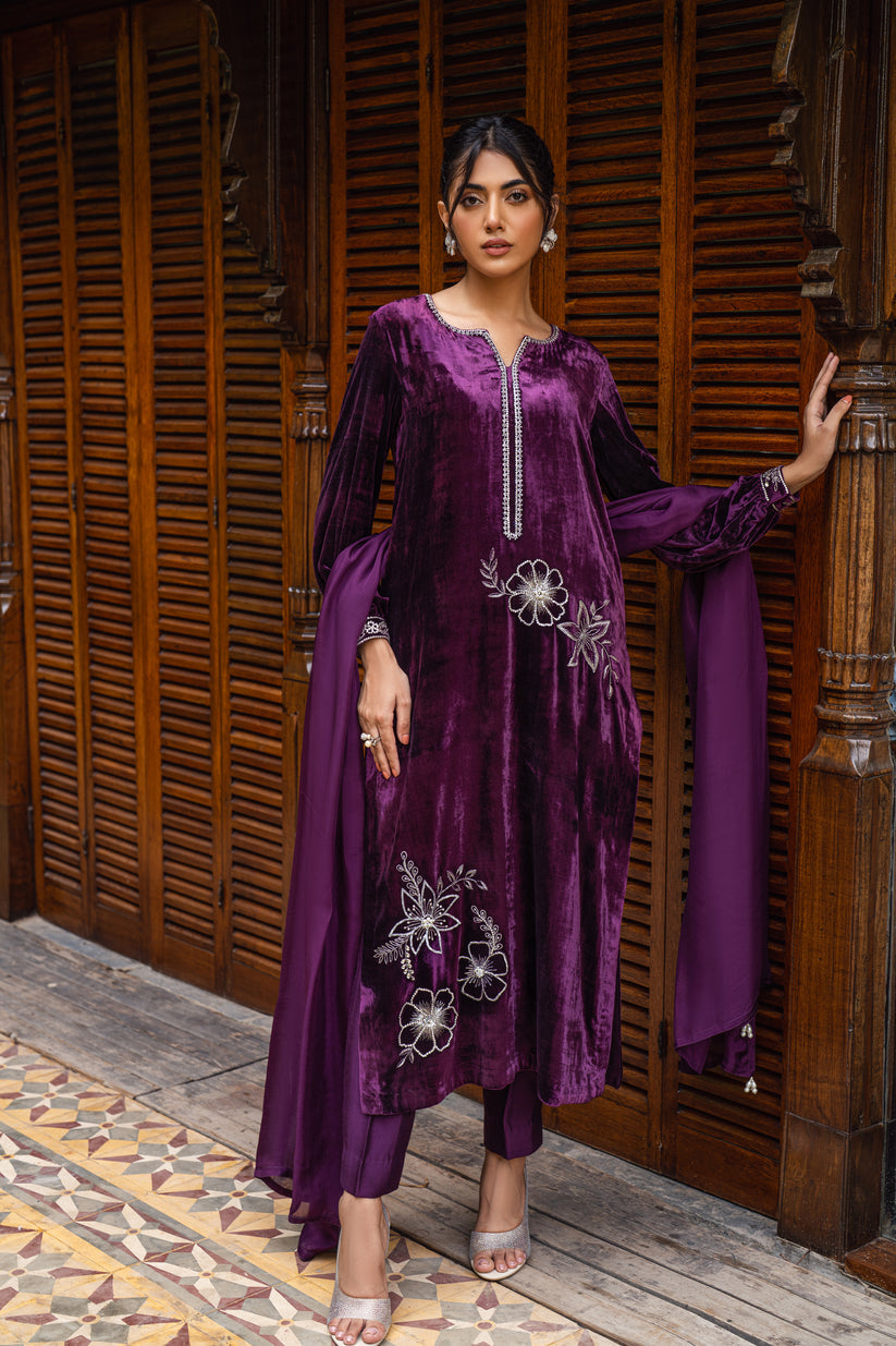 PEHRWAAS | INDIGO | SHIRT + PANTS + DUPATTA | VELVET | SMALL