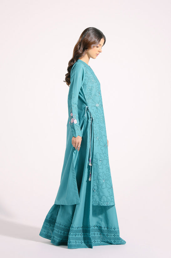 ETHNIC | OLIVE GREEN CUT WORK SHIRT WITH TASSLES + WIDE PALAZZO PANTS | MEDIUM | LARGE