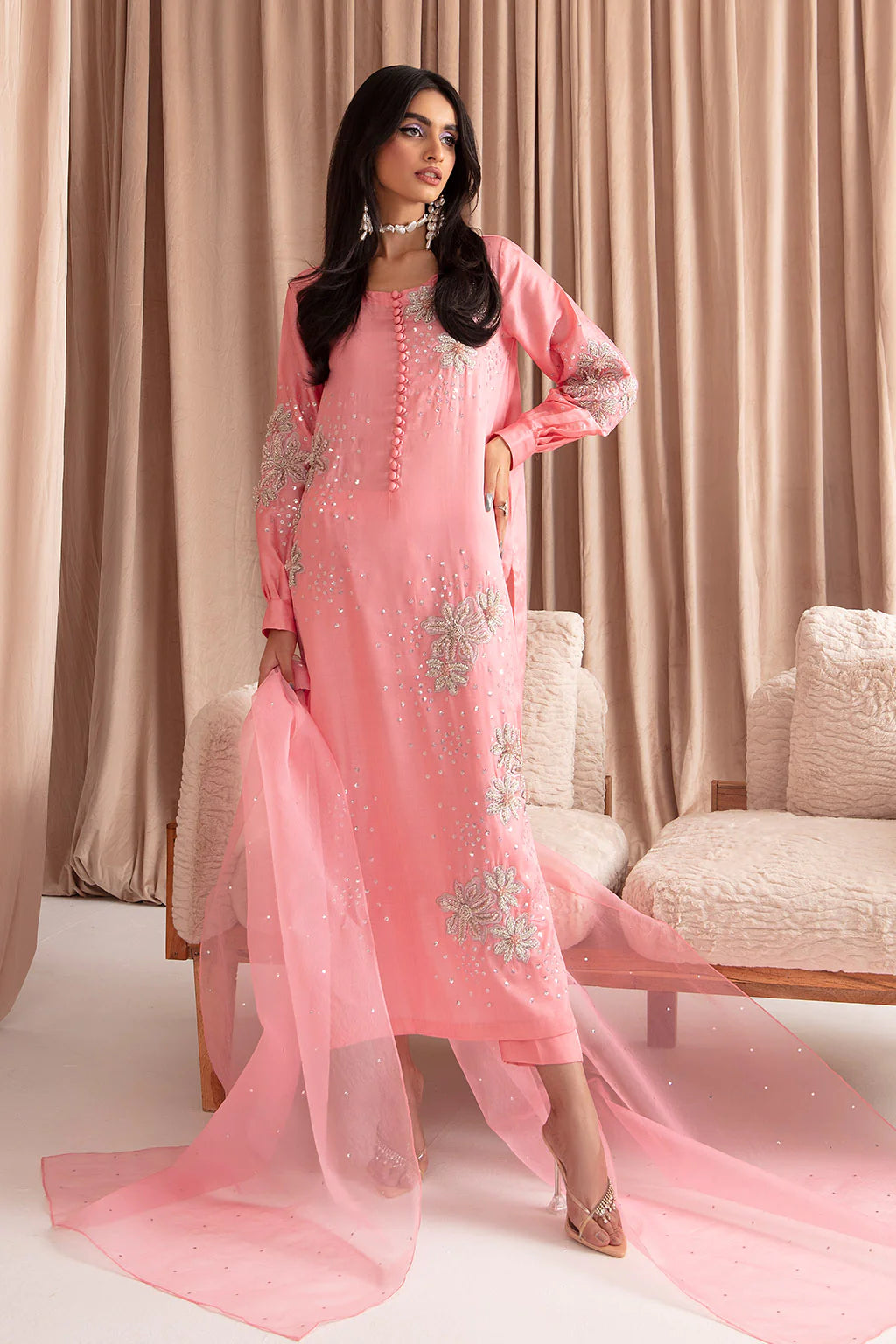 VANYA | PINK EMBRIODERED SHIRT+ STRAIGHT PANTS + ORGANZA DUPATTA |LARGE