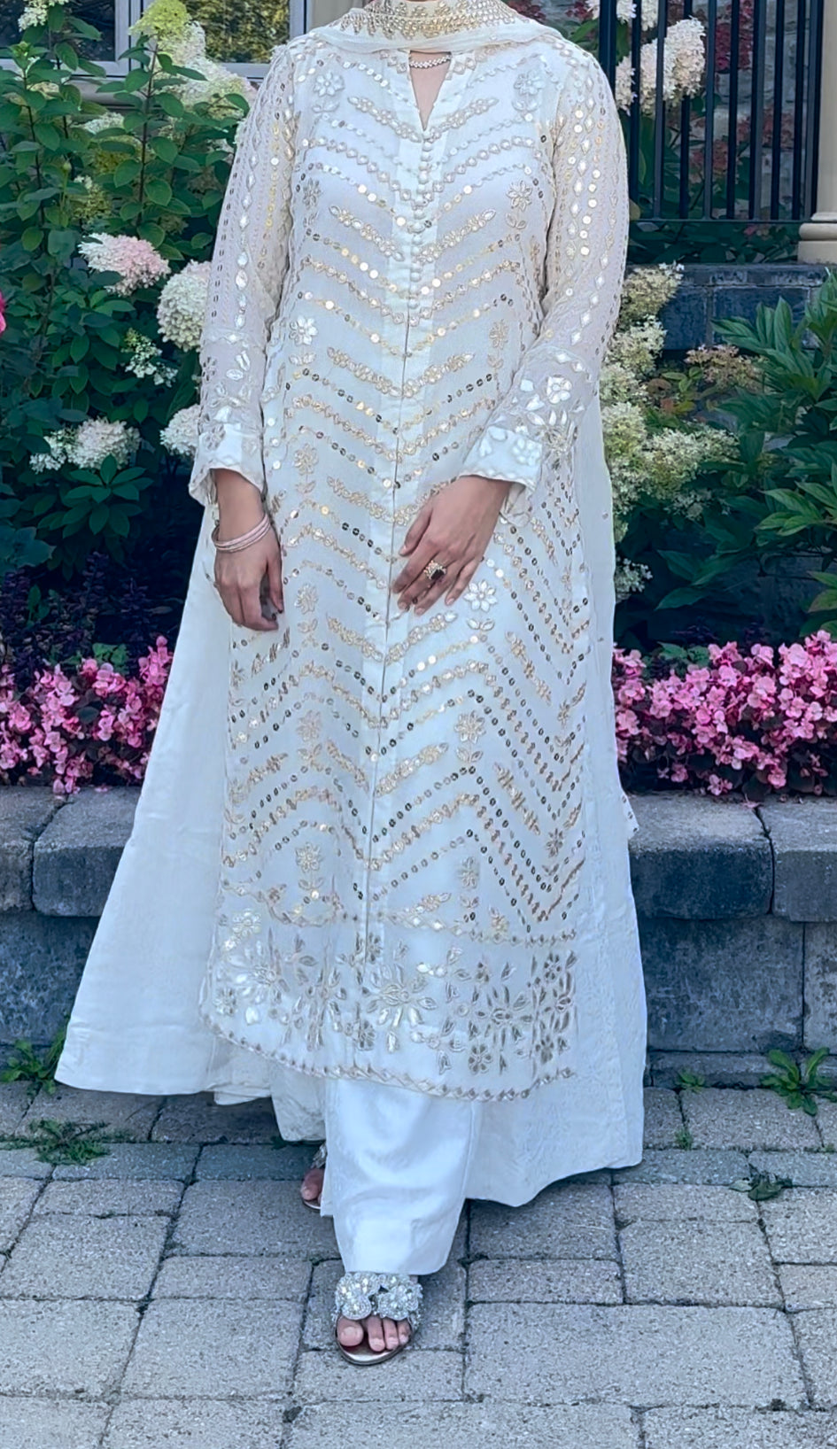 WHITE CHIFFON SHIRT + BANARSI SHARARA+ CHIFFON EMBRIODERED DUPATTA | LARGE