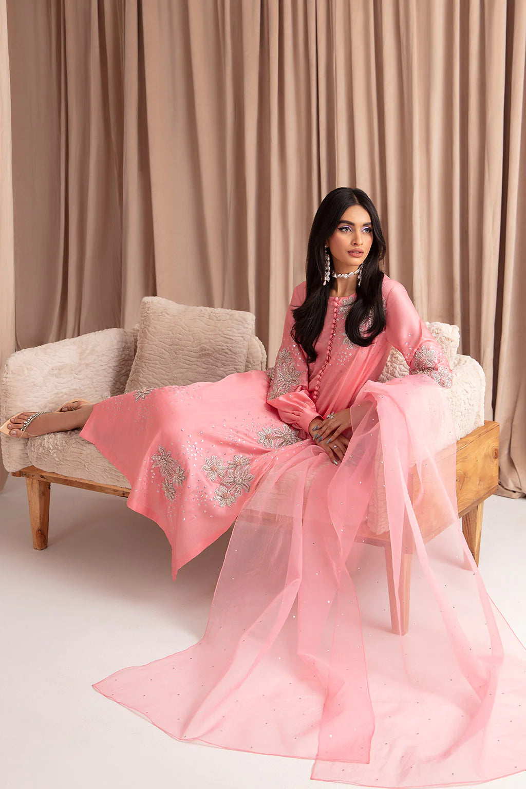 VANYA | PINK EMBRIODERED SHIRT+ STRAIGHT PANTS + ORGANZA DUPATTA |LARGE