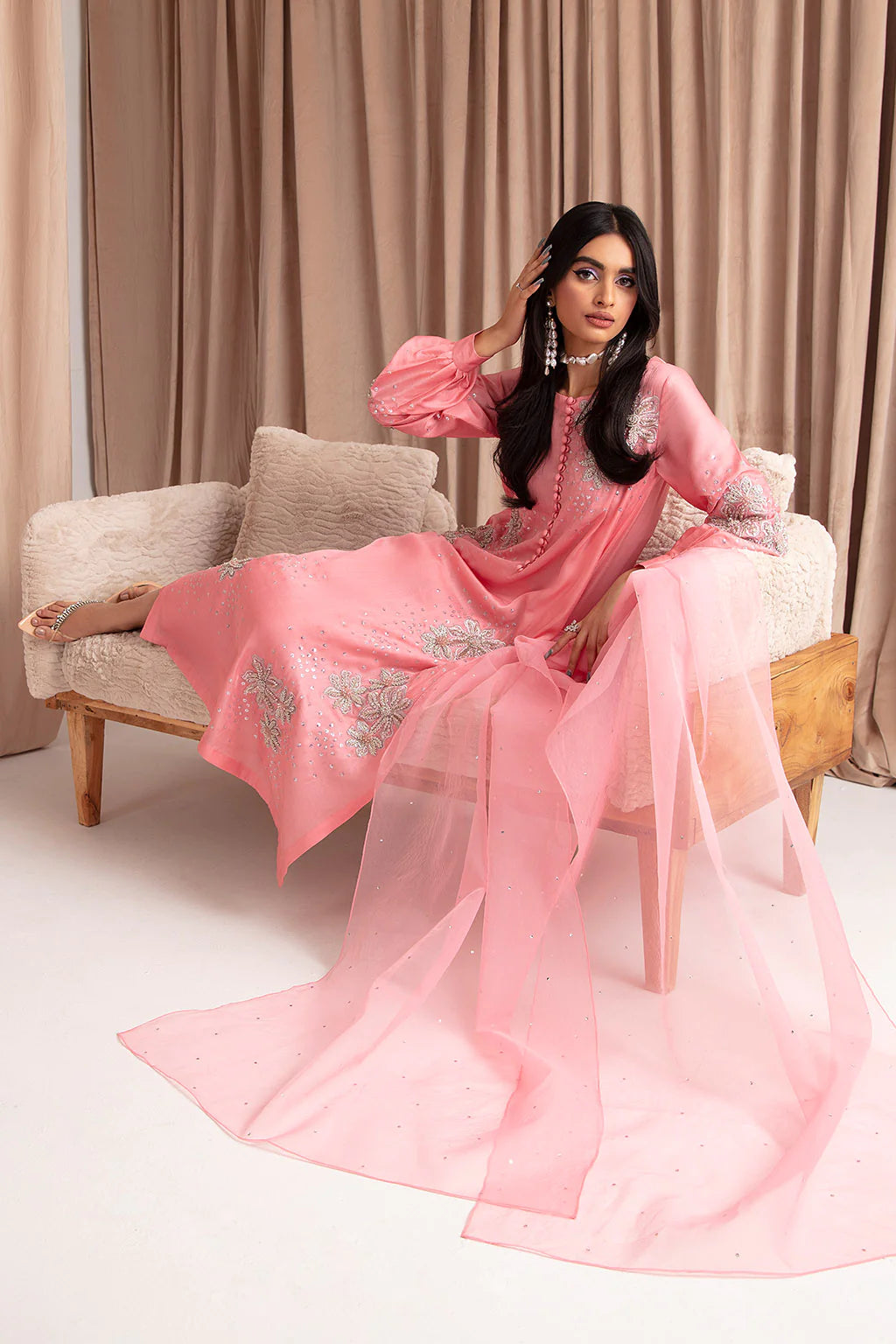 VANYA | PINK EMBRIODERED SHIRT+ STRAIGHT PANTS + ORGANZA DUPATTA |LARGE