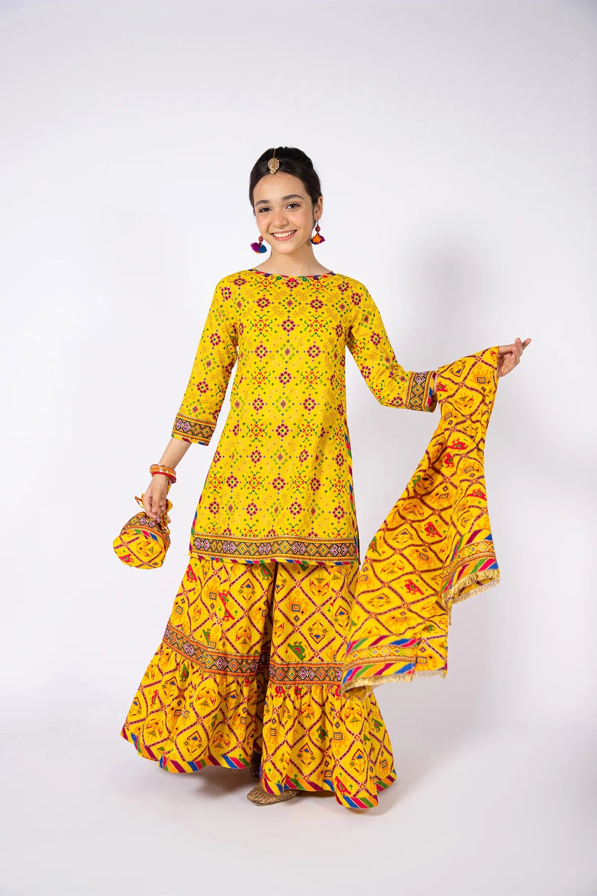 KAYSERIA |COLOURFUL PRINTED COTTON SUIT + GHARARA + DUPATTA | LITTLE GIRLS | KIDS |3-6 M