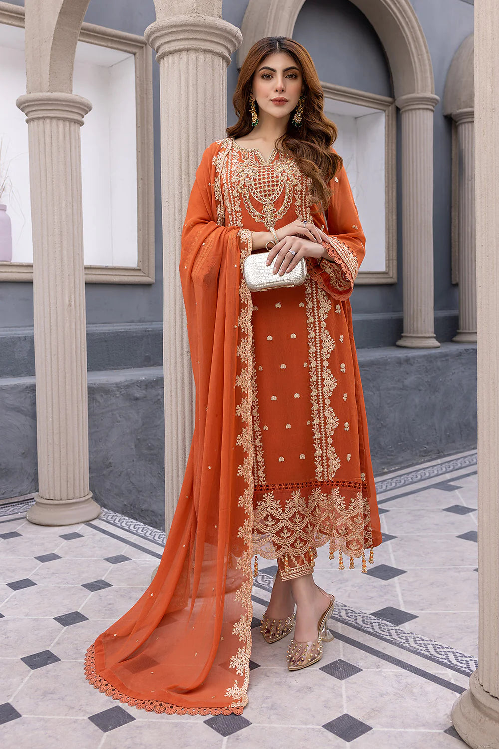 AZURE | EMBRIODERED CHIFFON SUIT WITH STRAIGHT PANTS |LARGE