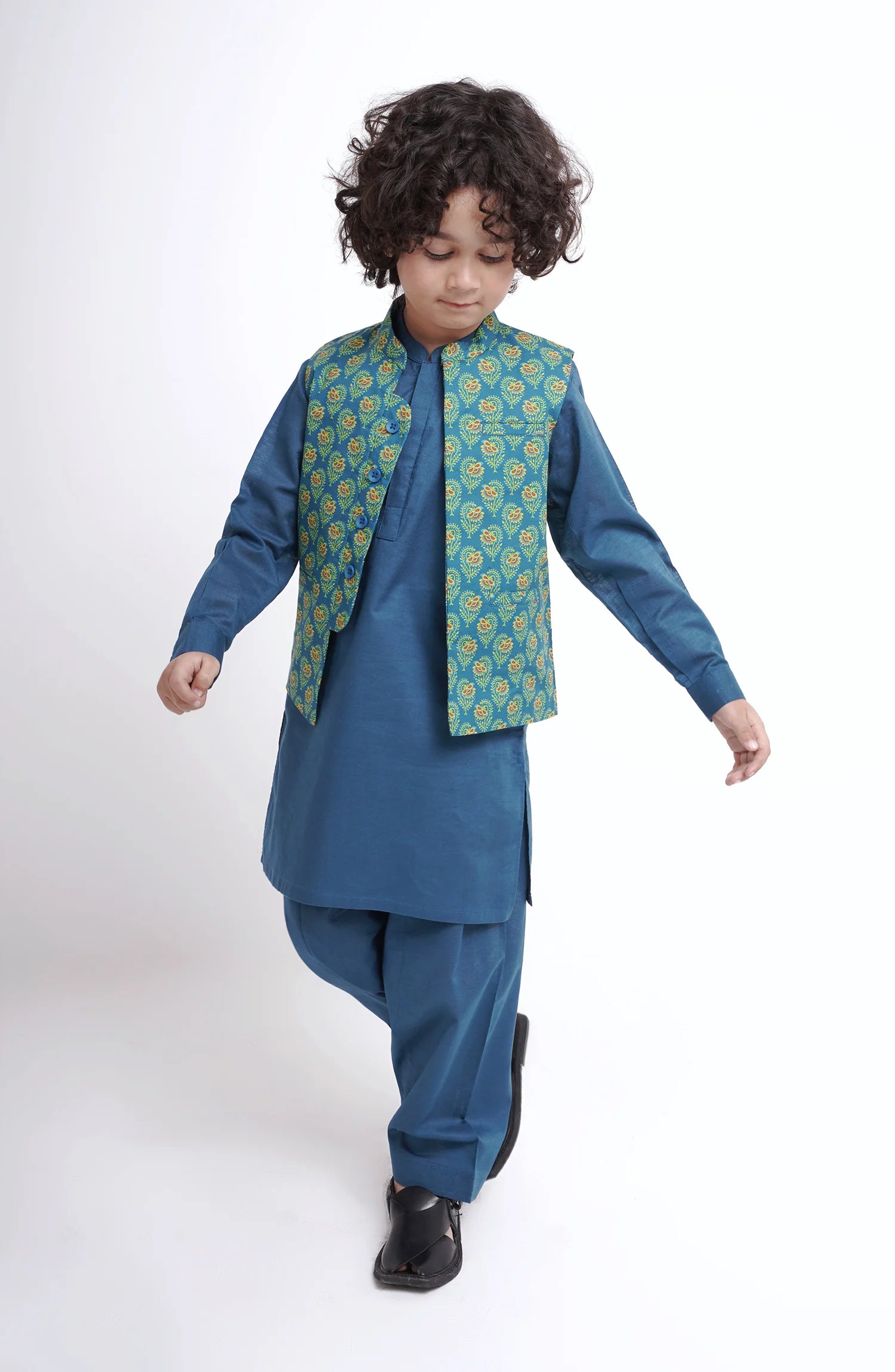 SHAHNAMEH | BLUE KURTA SHALWAR + WAISTCOAT | LITTLE BOYS | KIDS |2Y