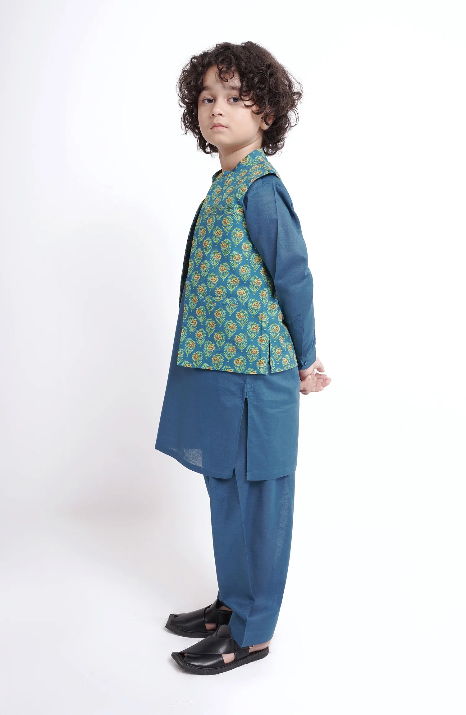 SHAHNAMEH | BLUE KURTA SHALWAR + WAISTCOAT | LITTLE BOYS | KIDS |2Y
