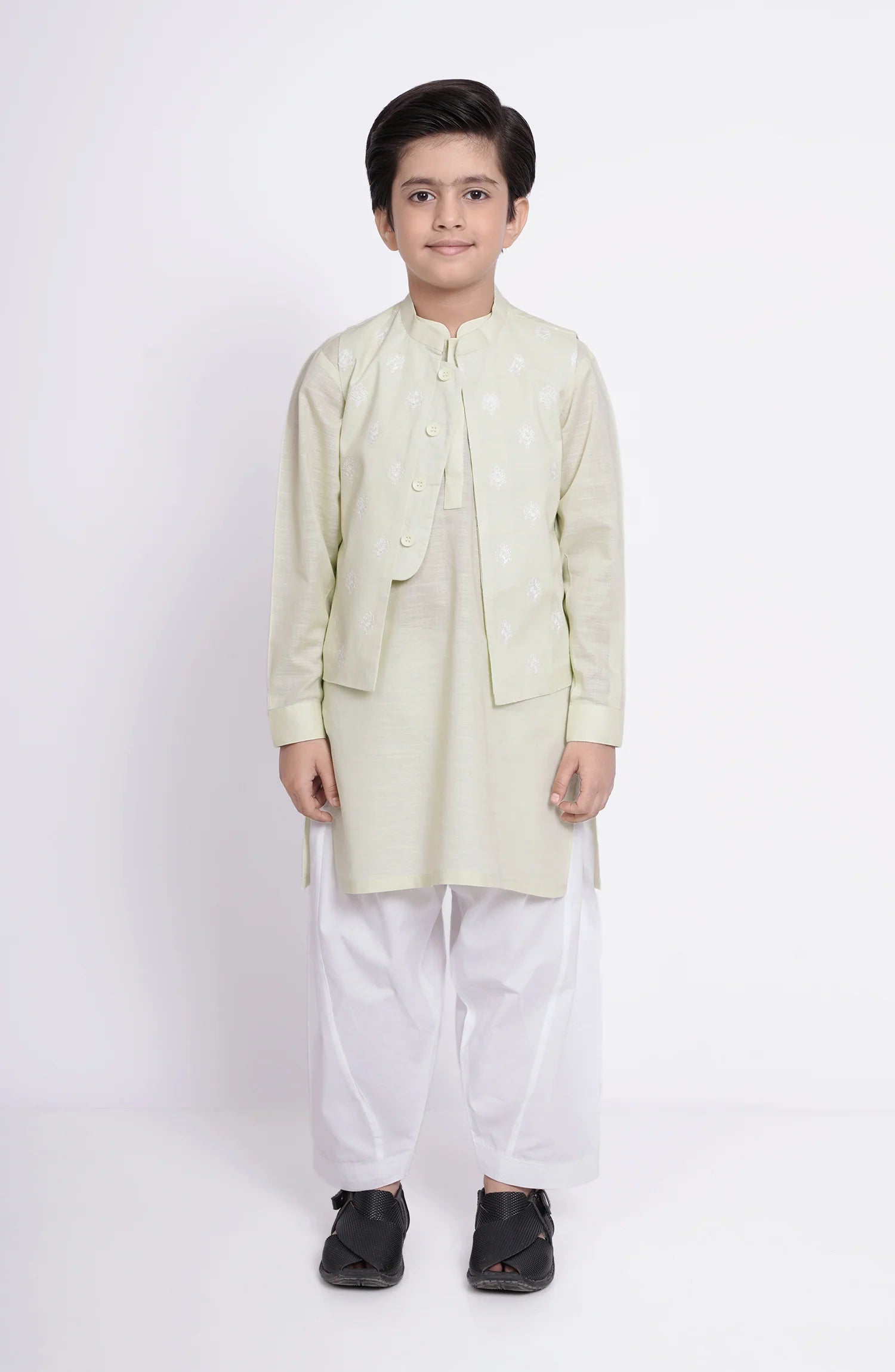 SHAHNAMEH | MINT GREEN KURTA SHALWAR + WAISTCOAT | LITTLE BOYS | KIDS |1Y