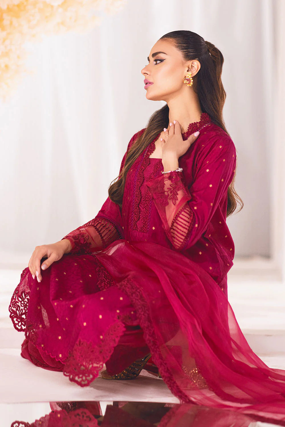 AZURE | EMBRIODERED COTTON SHIRT + EMBRIODERED PANTS + ORGANZA DUPATTA
