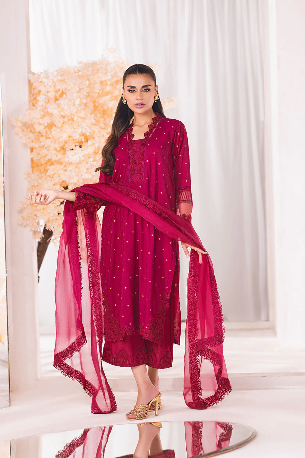 AZURE | EMBRIODERED COTTON SHIRT + EMBRIODERED PANTS + ORGANZA DUPATTA