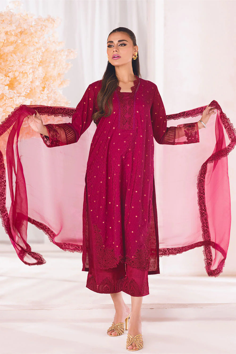AZURE | EMBRIODERED COTTON SHIRT + EMBRIODERED PANTS + ORGANZA DUPATTA