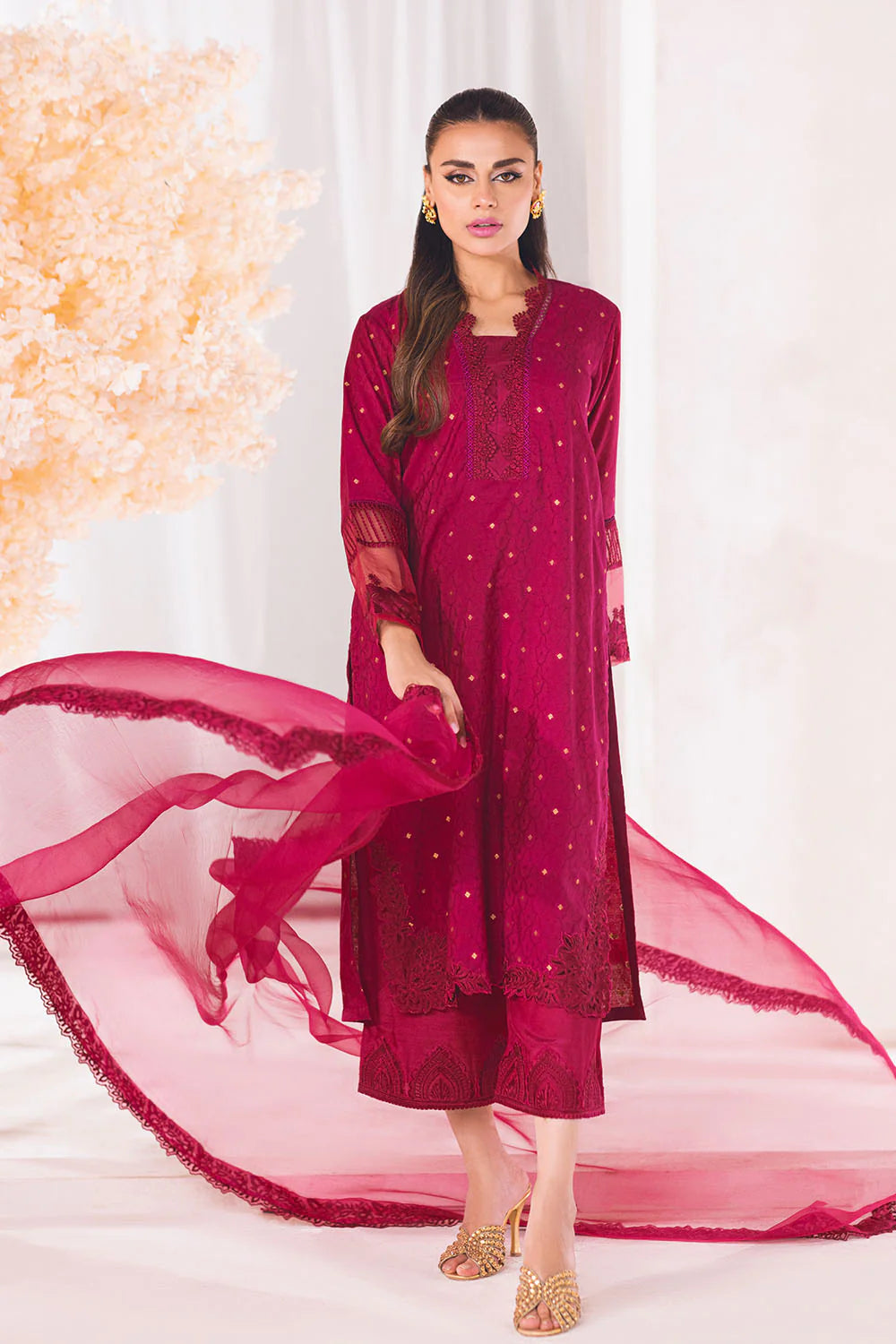 AZURE | EMBRIODERED COTTON SHIRT + EMBRIODERED PANTS + ORGANZA DUPATTA