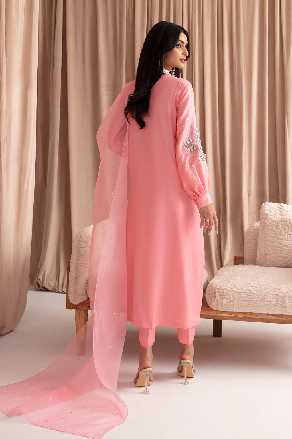 VANYA | PINK EMBRIODERED SHIRT+ STRAIGHT PANTS + ORGANZA DUPATTA |LARGE