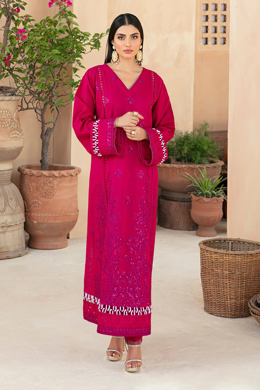 VANYA | EMBRIODERED HOT PINK COTTON SHIRT + PANTS | LARGE