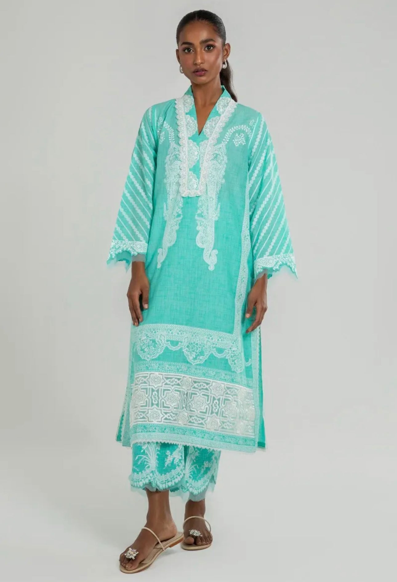 SANA SAFINAZ | AQUA LAWN PRINTED KURTA + PANTS | MEDIUM