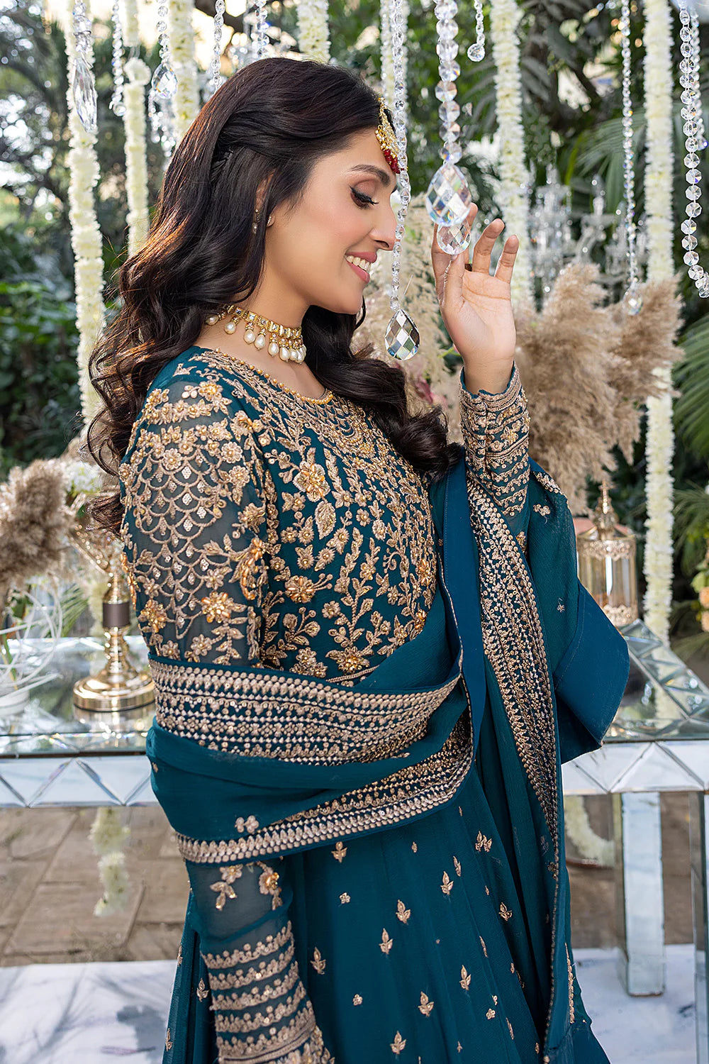 AZURE | EMBRIODERED TEAL CHIFFON PISHWAAS WITH CHIFFON EMBELLISHED DUPATTA | MEDIUM