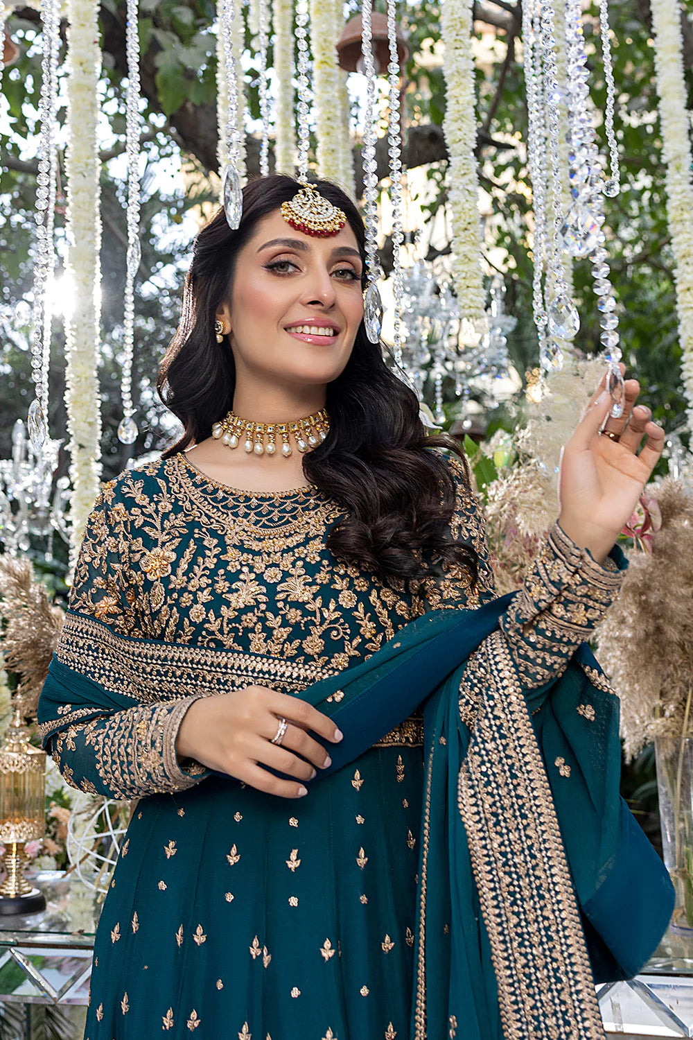 AZURE | EMBRIODERED TEAL CHIFFON PISHWAAS WITH CHIFFON EMBELLISHED DUPATTA | MEDIUM