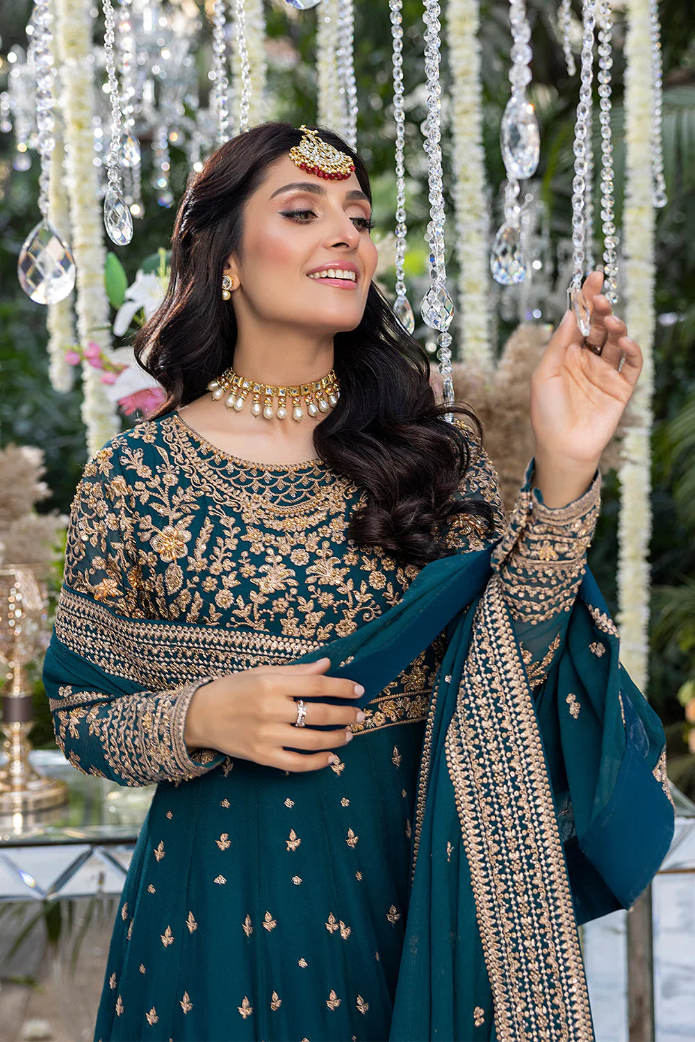 AZURE | EMBRIODERED TEAL CHIFFON PISHWAAS WITH CHIFFON EMBELLISHED DUPATTA | MEDIUM