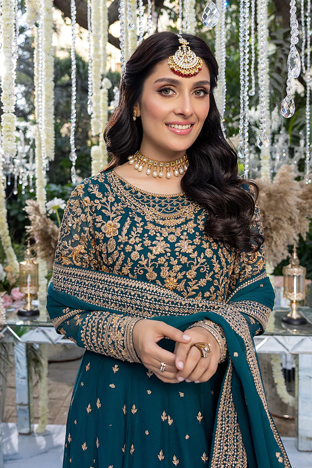 AZURE | EMBRIODERED TEAL CHIFFON PISHWAAS WITH CHIFFON EMBELLISHED DUPATTA | MEDIUM