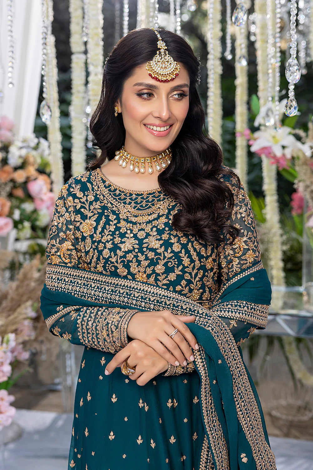 AZURE | EMBRIODERED TEAL CHIFFON PISHWAAS WITH CHIFFON EMBELLISHED DUPATTA | MEDIUM