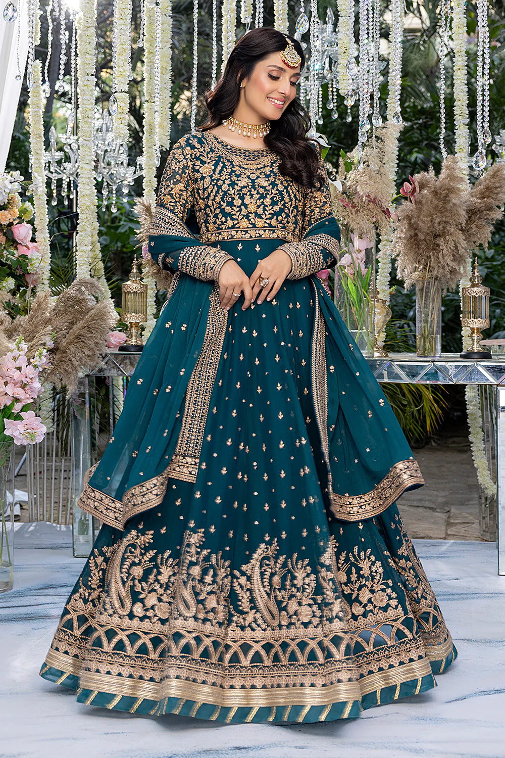 AZURE | EMBRIODERED TEAL CHIFFON PISHWAAS WITH CHIFFON EMBELLISHED DUPATTA | MEDIUM