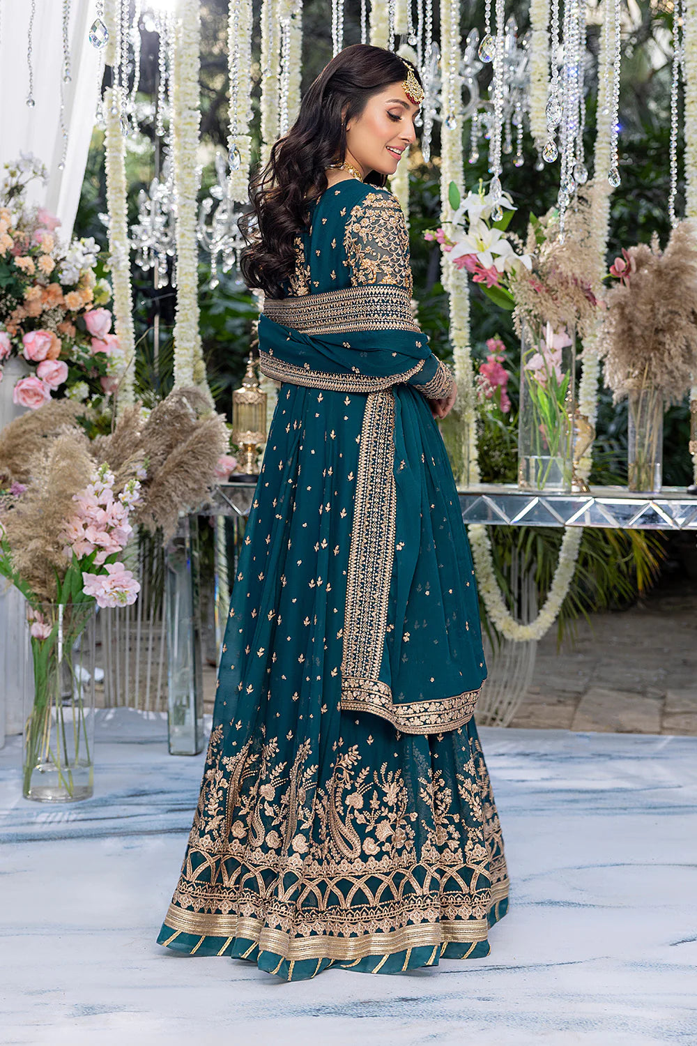 AZURE | EMBRIODERED TEAL CHIFFON PISHWAAS WITH CHIFFON EMBELLISHED DUPATTA | MEDIUM