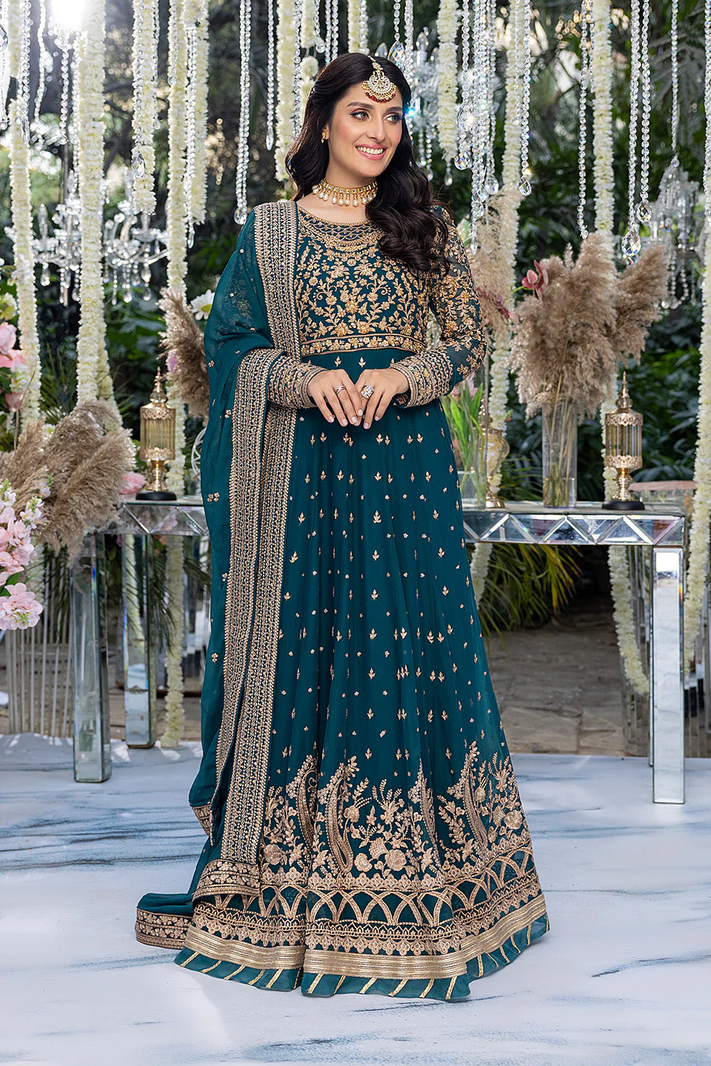 AZURE | EMBRIODERED TEAL CHIFFON PISHWAAS WITH CHIFFON EMBELLISHED DUPATTA | MEDIUM