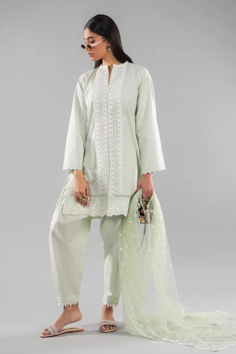 SANA SAFINAZ | GREEN CHICKANKARI SHIRT+ SHALWAR + CHIFFON DUPATTA | MEDIUM
