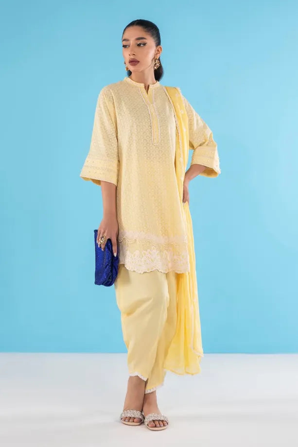 SANA SAFINAZ | YELLOW CHICKANKARI SHIRT WITH SHALWAR AND CHIFFON DUPATTA | LARGE