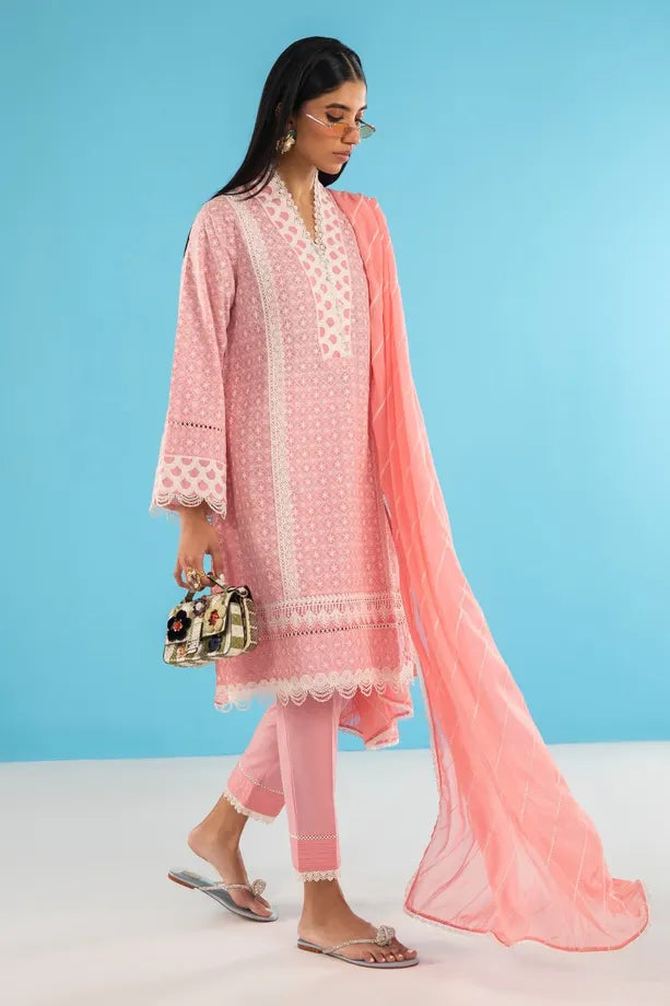 SANA SAFINAZ | PINK CHICKANKARI SHIRT WITH STRAIGHT PANTS AND CHIFFON DUPATTA |LARGE