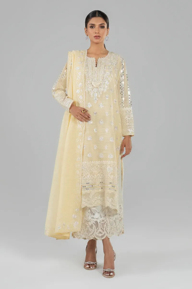SANA SAFINAZ | PASTEL YELLOW EMBRIODERED SHIRT + STRAIGHT PANTS+ DUPATTA | MEDIUM
