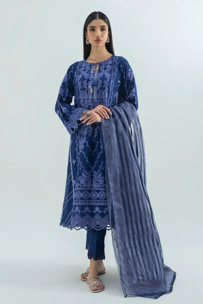 SANA SAFINAZ | BLUE RAW SILK EMBRIODERED SHIRT + STRAIGHT PANTS + ORGANZA DUPATTA| MEDIUM
