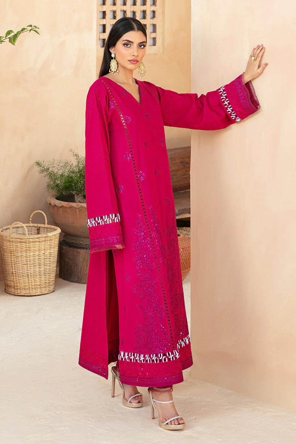 VANYA | EMBRIODERED HOT PINK COTTON SHIRT + PANTS | LARGE