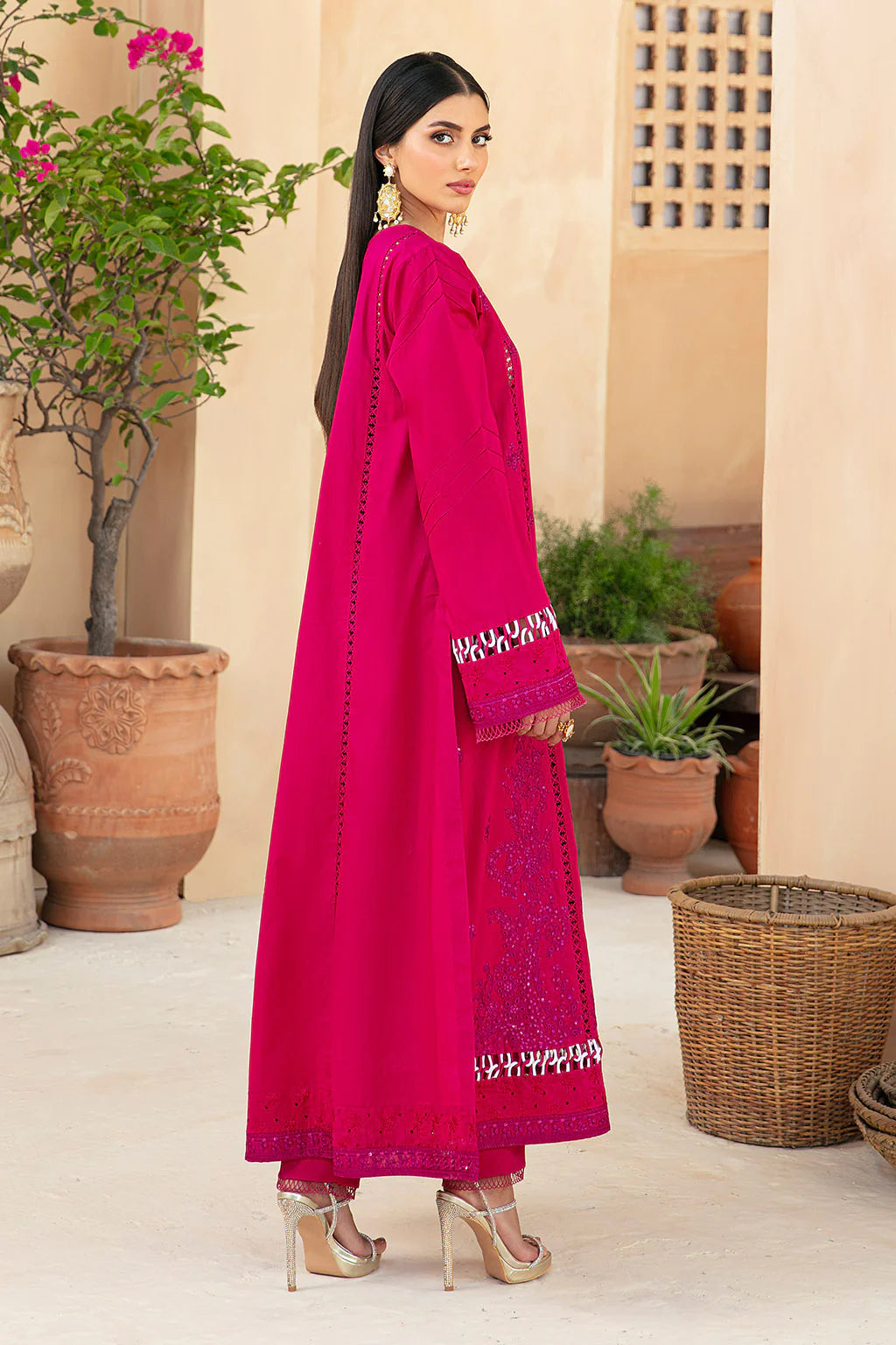 VANYA | EMBRIODERED HOT PINK COTTON SHIRT + PANTS | LARGE