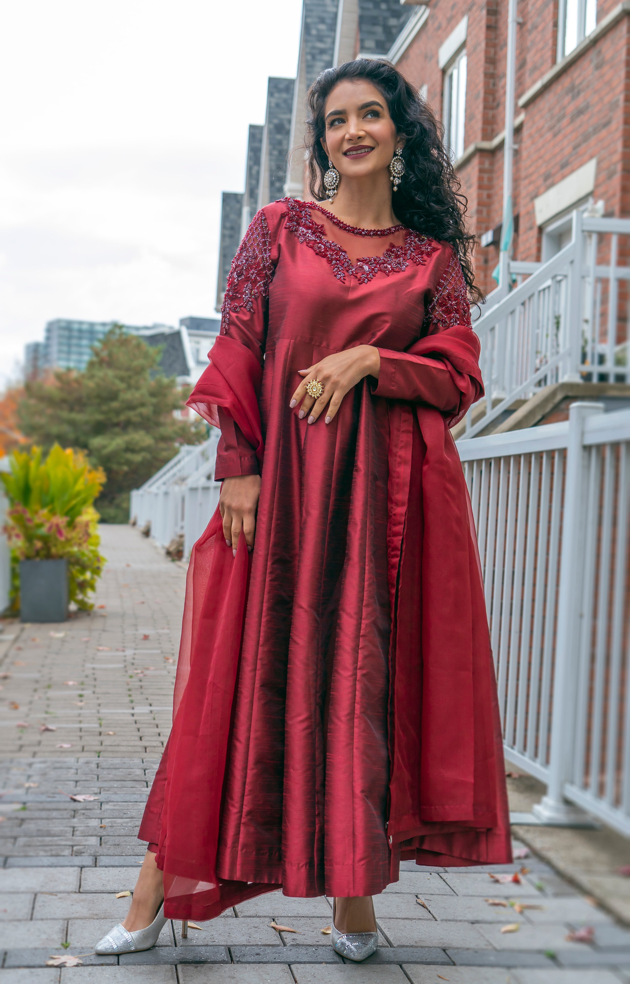 PEHRWAAS | BERRY RED HAND EMBRIODERED PISHWAAS + SILK PANTS + NET DUPATTA | SMALL