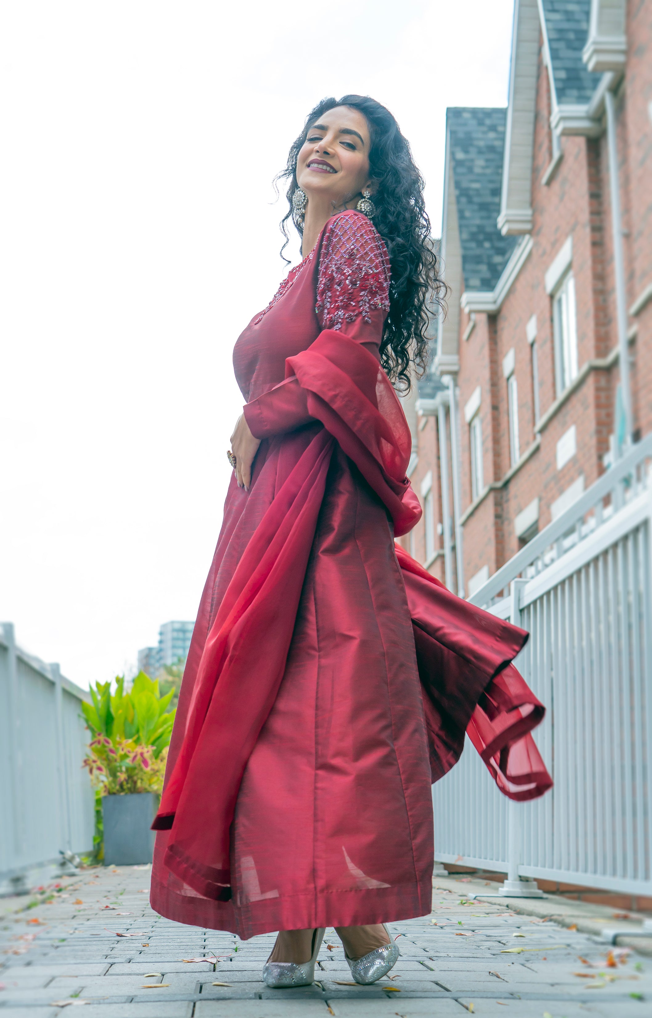 PEHRWAAS | BERRY RED HAND EMBRIODERED PISHWAAS + SILK PANTS + NET DUPATTA | SMALL