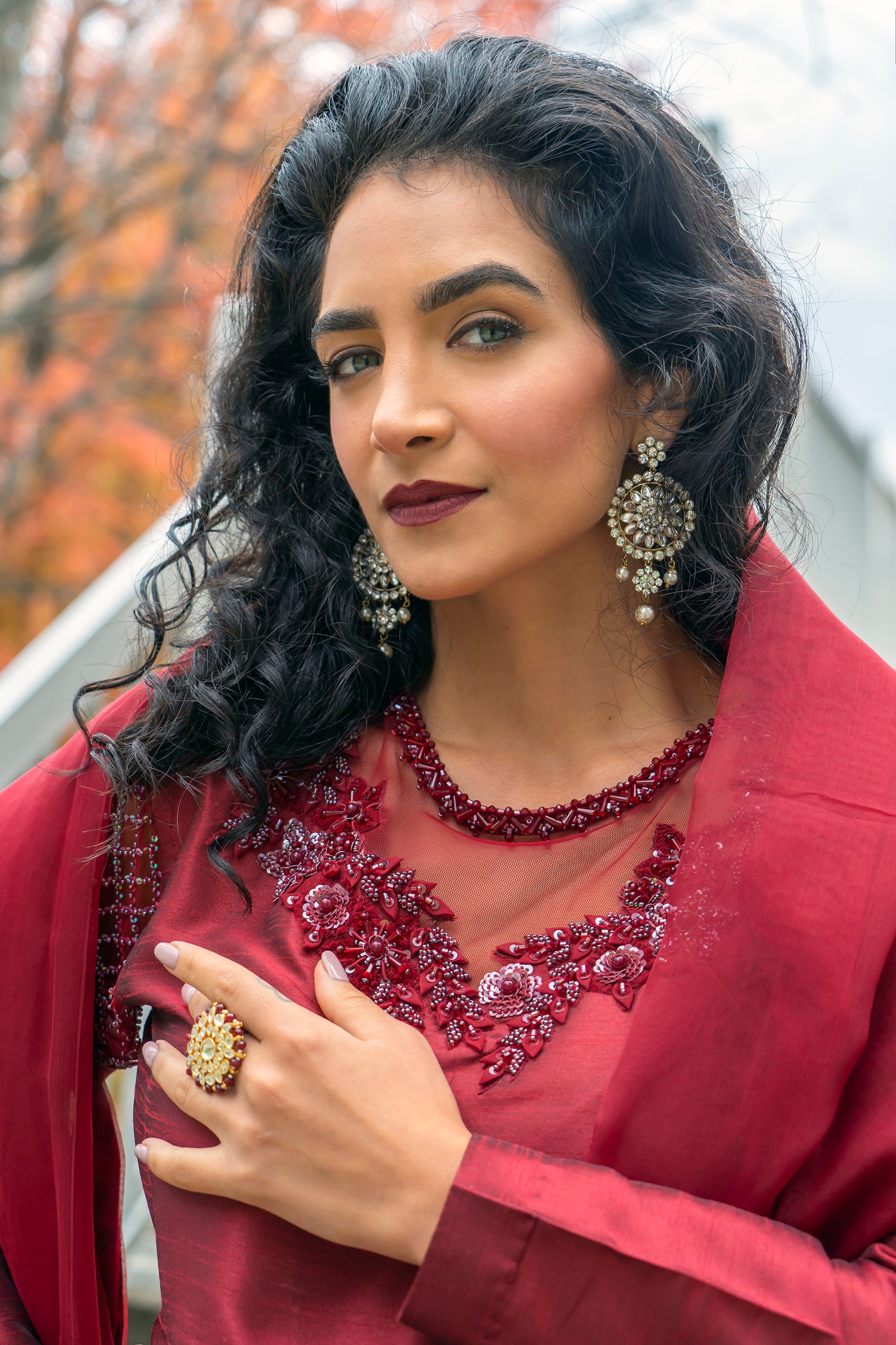 PEHRWAAS | BERRY RED HAND EMBRIODERED PISHWAAS + SILK PANTS + NET DUPATTA | SMALL