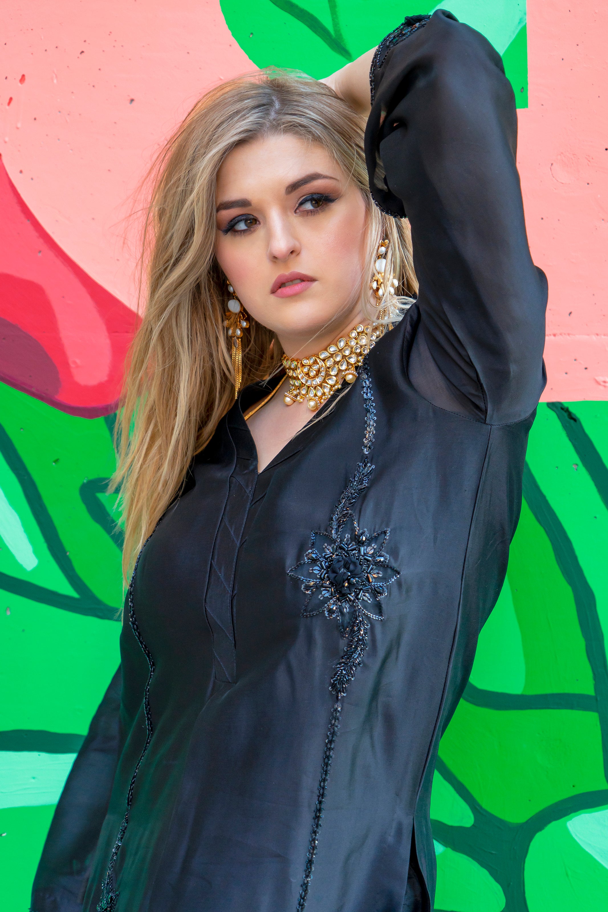 PEHRWAAS | BLACK HAND EMBRIODERED SILK SHIRT + SILK PANTS | MEDIUM