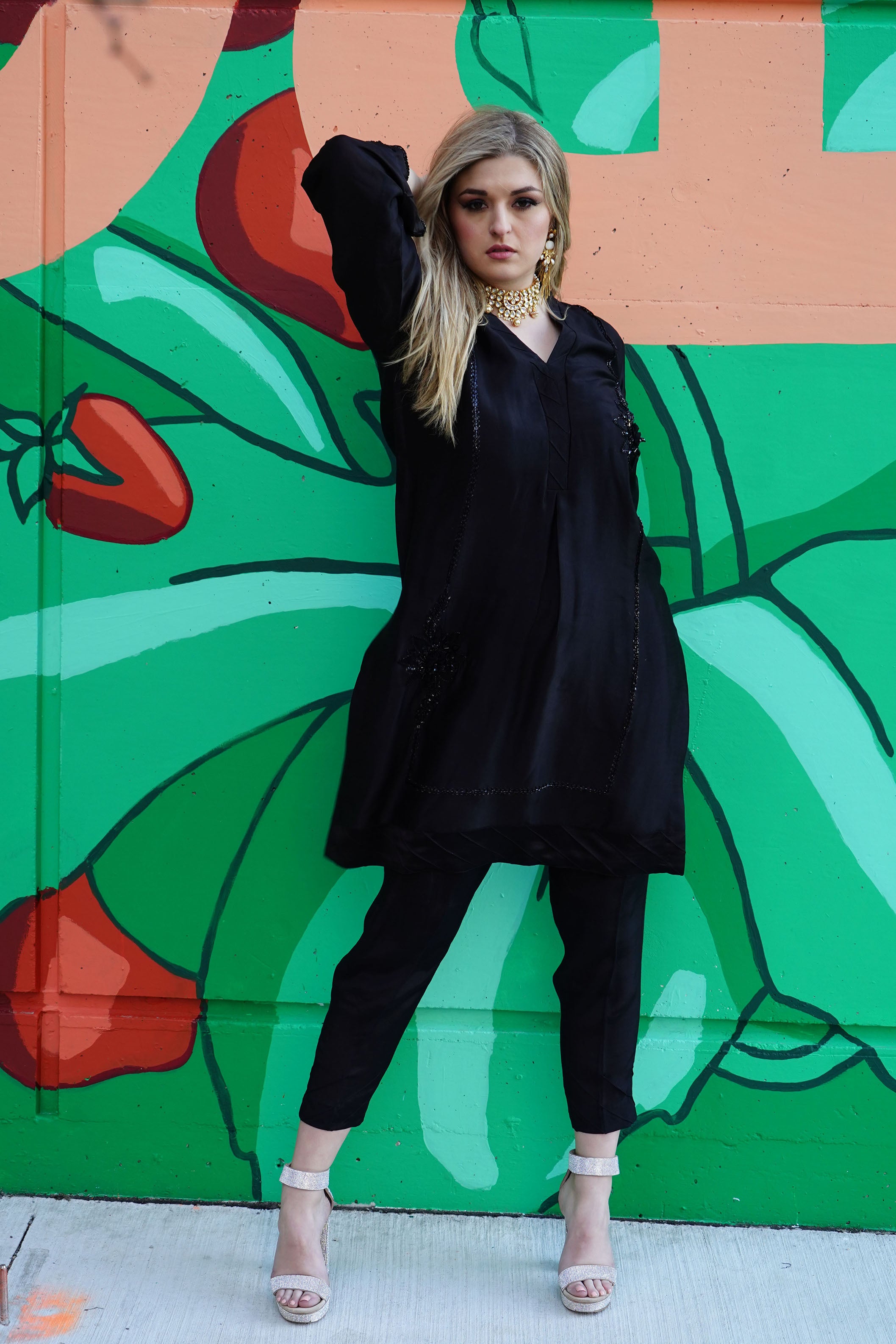 PEHRWAAS | BLACK HAND EMBRIODERED SILK SHIRT + SILK PANTS | MEDIUM