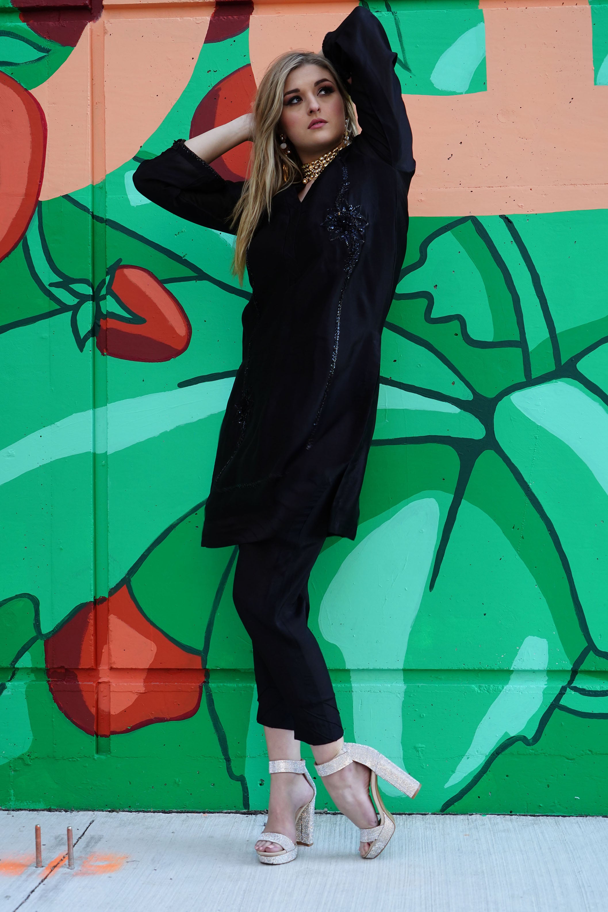 PEHRWAAS | BLACK HAND EMBRIODERED SILK SHIRT + SILK PANTS | MEDIUM