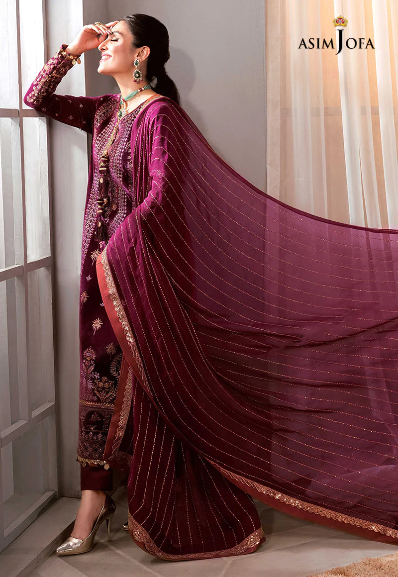 ASIM JOFA | EMBRIODERED VELVET SHIRT + SILK PANTS + EMBRIODERD CHIFFON DUPATTA | MEDIUMTA