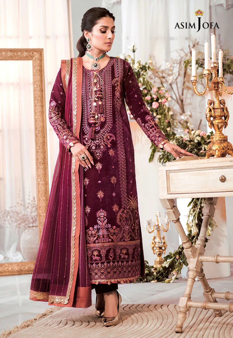 ASIM JOFA | EMBRIODERED VELVET SHIRT + SILK PANTS + EMBRIODERD CHIFFON DUPATTA | MEDIUMTA